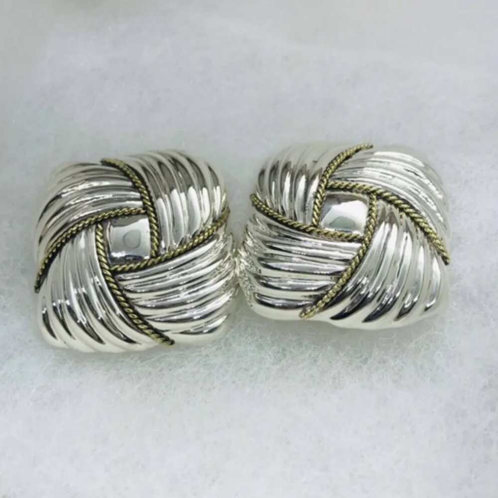 Silver Gold Plated Square Hollow Puff Clip On Earrings